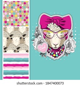 Set of vector dressed up sheep and vector seamless pattern. Cool sheep with scarf, glasses and hat. Print on T-shirts, cups and other fashion products. Design clothing and accessories.