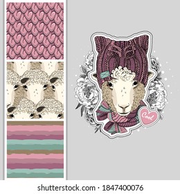 Set of vector dressed up sheep and vector seamless pattern. Cool sheep with scarf and knitted hat. Print on T-shirts, cups and other fashion products. Design clothing and accessories.
