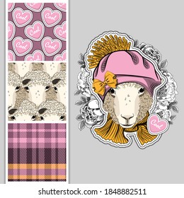 Set of vector dressed up sheep and vector seamless pattern. Cool sheep with scarf and knitted hat. Print on T-shirts, cups and other fashion products. Design clothing and accessories.