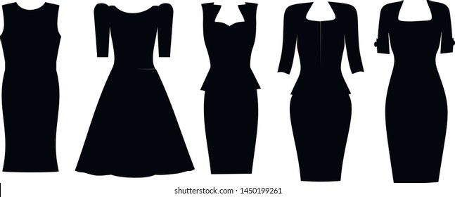 Set Of Vector Dresses. Dress Black  Silhouette.  Different Silhouettes Of Office Women's Dresses.