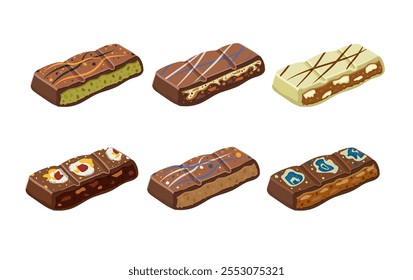 Set of vector Dubai chocolate isolated white background. Different flavors Dubai chocolate bars illustration with pistachio and kataifi dough