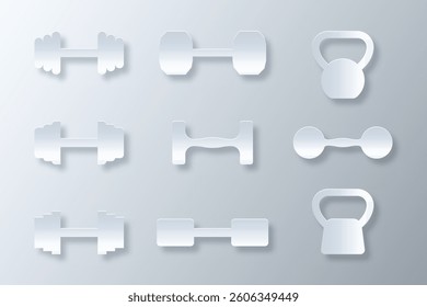 set of vector dumbbell gym equipment, dumbbell workout and fitness icons made in papercut style