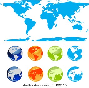 Set of vector earth glossy globe and world map