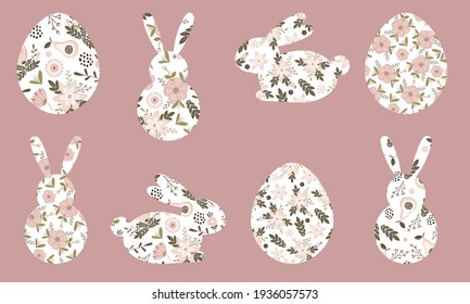 Set of vector Easter bunnies with spring flowers