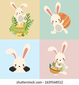 Set of vector easter bunny with eggs, flowers