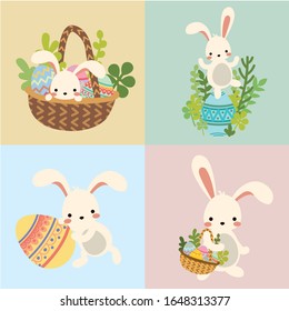 Set of vector easter bunny with eggs, flowers