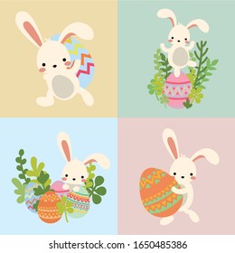 Set of vector easter bunny with eggs, flowers