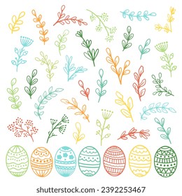 Set of vector Easter cards. Eggs, sheep, hare, flowers on an Easter card. Holiday card, banner, flyer