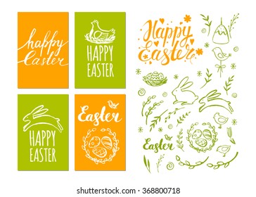 Set of vector Easter cards and hand drawn elements. Ink handwritten inscription. Typography. Lettering.