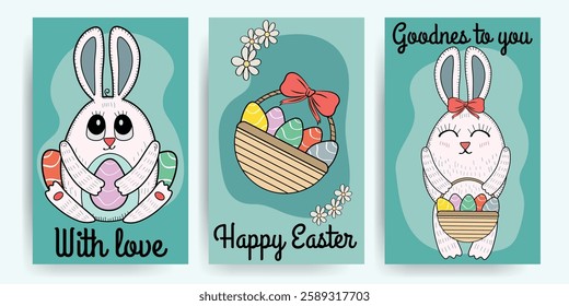 A set of vector Easter cards. A rabbit with a basket filled with Easter eggs. A bunny is holding an Easter egg in its paws. A basket of Easter eggs.