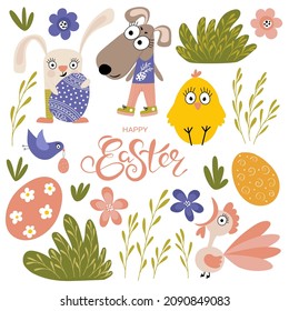 Set of vector Easter design elements. Characters and symbols of Easter cartoons. Modern trending colors. Suitable for holiday decoration poster, banner, greeting cards.