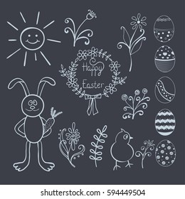 Set of vector Easter doodles (eggs, rabbit, basket with flowers, baby chick) isolated on chalkboard.