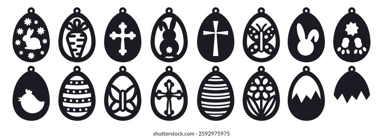 Set of vector Easter egg designs of earrings, pendant or keychain. Jewelry cutting template. Laser cut with leather, wood or metal. Cute spring hanging bijouterie stencils