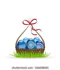 Set of vector Easter eggs in basket on grass, decorated eggs