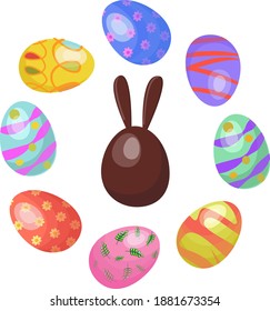 set of vector easter eggs with chocolate easter egg with bunny ears. 