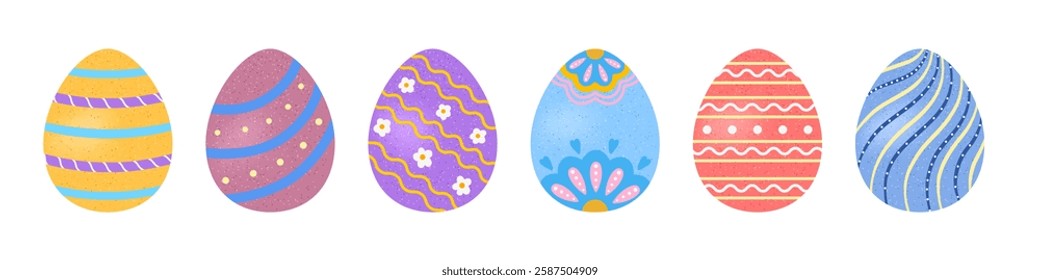 Set of vector Easter eggs with intricate decorations and pastel colors, ideal for holiday-themed designs, cards, and packaging