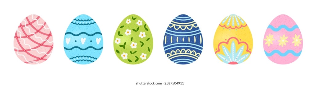 Set of vector Easter eggs with intricate decorations and pastel colors, ideal for holiday-themed designs, cards, and packaging