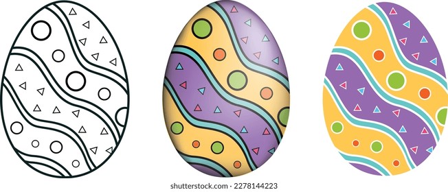 Set of vector Easter eggs, line easter egg, flat easter egg, 3d easter egg collection. isolated on white background