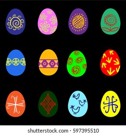 Set of vector Easter eggs on a black  background. Easter card, design element.