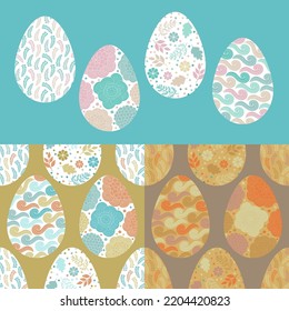 Set of vector easter eggs and seamless backgrounds, doodle patterns, traditional religious holiday symbols