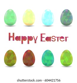 Set of vector easter eggs with spring polygonal ornament. Collection of decorative elements with low poly patterns to Easter. Geometric triangle design