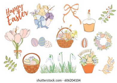 Set of vector Easter elements can be used for website, holiday cards, invitation, postcard, blog, poster, cover, flyers and more. Hand drawn illustration of cake, tulip tulip, bunny, eggs, basket