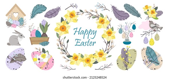 A set of vector Easter elements. Speckled eggs, feathers, birdhouse with birds, rabbit, spring primroses. An illustrated Easter clipart.