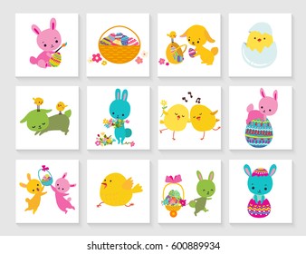 Set of vector easter greeting card for kids with bunny chick egg