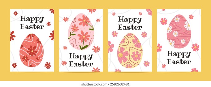 Set of vector Easter greeting cards with decorative eggs, spring flowers on white background. Holiday illustration with happy easter message in vector flat style. For banners, invitations, postcards.