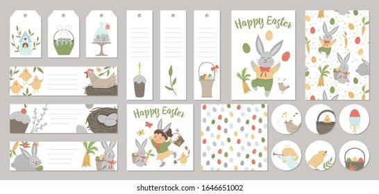 Set of vector Easter holiday card templates, gift tags, labels, pre-made designs, bookmarks with cute cartoon spring elements and characters. Funny flat illustration