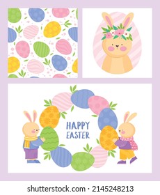 A set of vector Easter illustrations.  Easter eggs and bunnies. Spring  illustration. Template vector for a poster, cover or postcard.