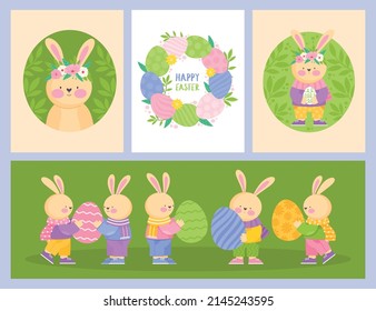 A set of vector Easter illustrations. Happy Easter. Flowers, Easter eggs, rabbit. Spring flower illustration. Template vector for a poster, cover or postcard.