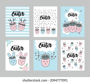 Set of vector Easter illustrations. Multi-colored eggs for Easter. Easter cards. Easter bunnies.