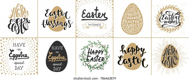 Set of vector Easter lettering posters, greeting cards, decoration, prints. Hand drawn typography design elements. Handwritten lettering. Modern ink brush calligraphy.