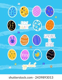 Set of vector Easter stickers for egg hunt with easter eggs and hand drawn lettering. Flat illustration set on blue background