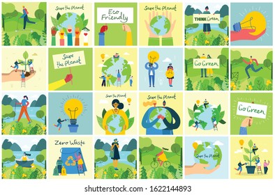 Set of vector ECO backgrounds of Concept of green eco energy and quote Save the planet