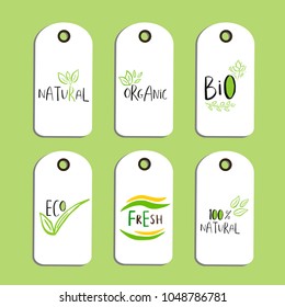 Set of Vector eco badge or tag, bio green logo. Vegan sign for cafe, restaurants, products packaging. Hand drawn leaves, branches, plant elements with lettering. Organic design template.