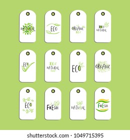 Set of Vector eco badge or tag, bio green logo. Vegan sign for cafe, restaurants, products packaging. Hand drawn leaves, branches, plant elements with lettering. Organic design template.