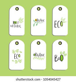 Set of Vector eco badge or tag, bio green logo. Vegan sign for cafe, restaurants, products packaging. Hand drawn leaves, branches, plant elements with lettering. Organic design template.