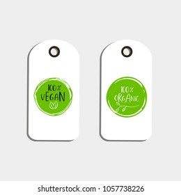 Set of Vector eco badge or tag, bio green logo. Vegan sign for cafe, restaurants, products packaging. Hand drawn leaves, branches, plant elements with lettering. Organic design template.