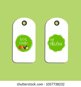 Set of Vector eco badge or tag, bio green logo. Vegan sign for cafe, restaurants, products packaging. Hand drawn leaves, branches, plant elements with lettering. Organic design template.