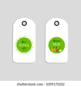 Set of Vector eco badge or tag, bio green logo. Vegan sign for cafe, restaurants, products packaging. Hand drawn leaves, branches, plant elements with lettering. Organic design template.