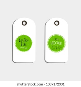 Set of Vector eco badge or tag, bio green logo. Vegan sign for cafe, restaurants, products packaging. Hand drawn leaves, branches, plant elements with lettering. Organic design template.