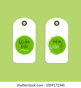 Set of Vector eco badge or tag, bio green logo. Vegan sign for cafe, restaurants, products packaging. Hand drawn leaves, branches, plant elements with lettering. Organic design template.