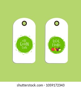 Set of Vector eco badge or tag, bio green logo. Vegan sign for cafe, restaurants, products packaging. Hand drawn leaves, branches, plant elements with lettering. Organic design template.