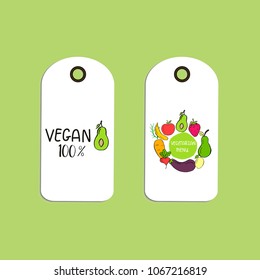 Set of Vector eco badge or tag, bio green logo. Vegan sign for cafe, restaurants, products packaging. Hand drawn leaves, branches, plant elements with lettering. Organic design template.