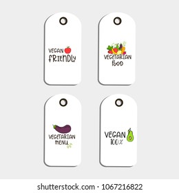 Set of Vector eco badge or tag, bio green logo. Vegan sign for cafe, restaurants, products packaging. Hand drawn leaves, branches, plant elements with lettering. Organic design template.