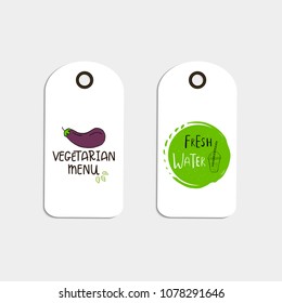 Set of Vector eco badge or tag, bio green logo. Vegan sign for cafe, restaurants, products packaging. Hand drawn leaves, branches, plant elements with lettering. Organic design template.
