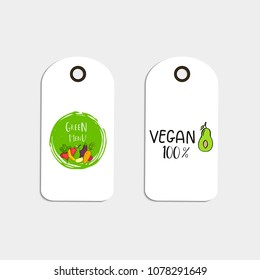 Set of Vector eco badge or tag, bio green logo. Vegan sign for cafe, restaurants, products packaging. Hand drawn leaves, branches, plant elements with lettering. Organic design template.