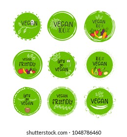 Set of vector eco, bio green logo or sign. Vegan  healthy food badge, tag for cafe, restaurants, products packaging. Hand drawn leaves, branches, plant elements with lettering. Circle organic design.